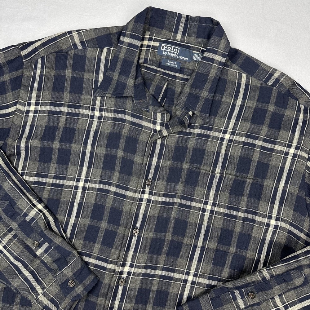 Vintage Polo Ralph Lauren Shirt Men XL Blue Plaid Wool Pratt Button‎ Up Heritage